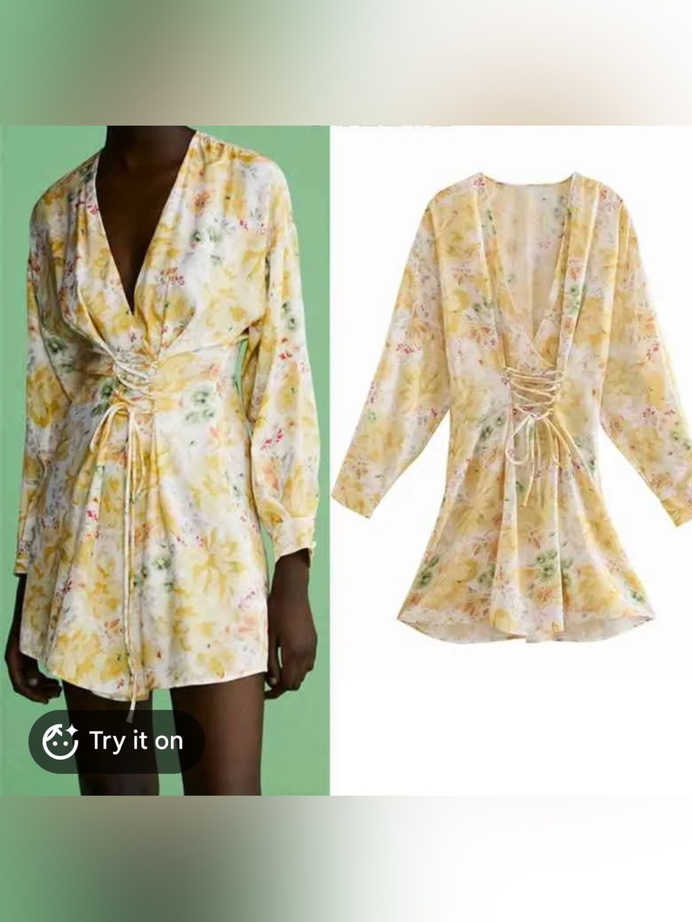 Zara Long sleeve Pastel Floral V-Neck Mini Dress in Yellow and White